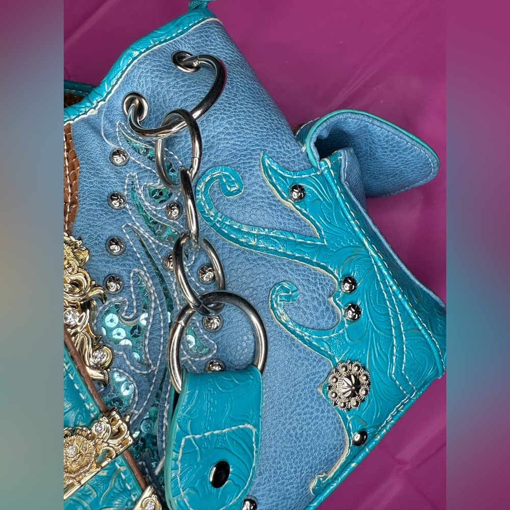 โจ๐ COWGIRL TRENDS Gold Silver Blue Buckle Studded & Jeweled Shoulder Purse Bag - Picture 8 of 17